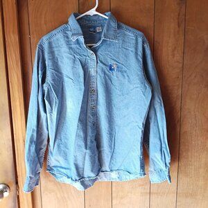 Port & Company Women’s Chambray Button Down Shirt Size L Blue Cotton Embroidered